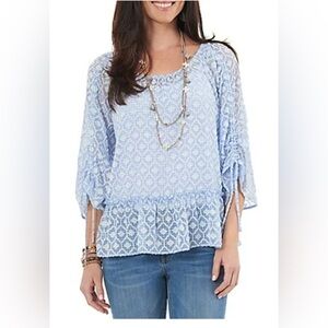 Democracy Flounce Hem Drawstring Sleeve  Semisheer Blouse XL